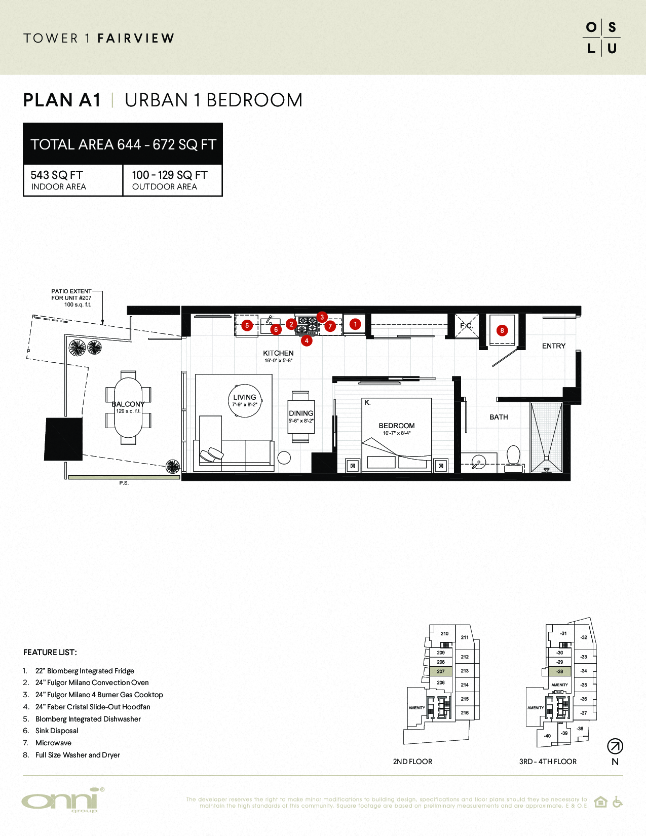 Floor plan for 1 bed, 1 bath, 543 sqft